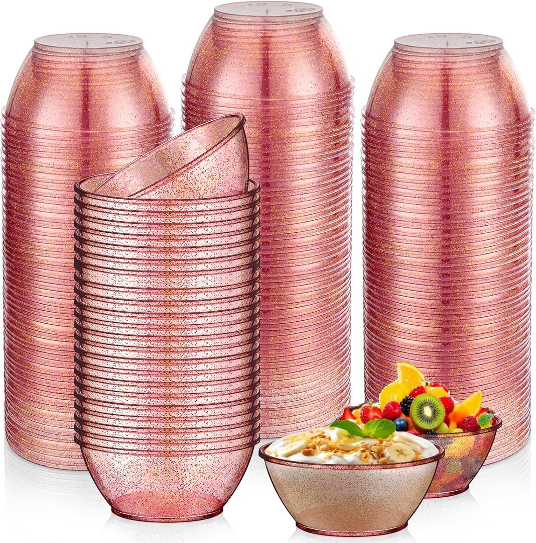 Yungyan 200 Pack Disposable Clear Plastic Bowls for Party 6oz Hard Plastic Salsa Dessert Ice Cream Candy Fruit Small Glitter Bowls for Wedding Baby Shower Birthday Graduation Party(Rose Gold)