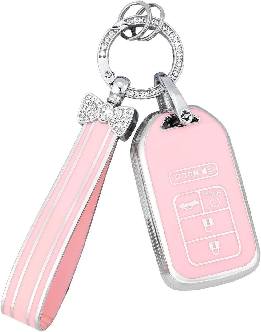 PIFOOG Pink Key Fob Cover for Honda Accord CRV Civic Pilot Passport Insight Accessories 5 Buttons Car Keys Case Shell Protector Full Covers Bling Keychain Women Girly Cute TPU
