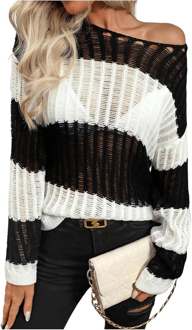 SweatyRocks Women's Striped Pullover Sweater Off Shoulder Long Sleeve Crochet Sweaters Fall Outfits (L)