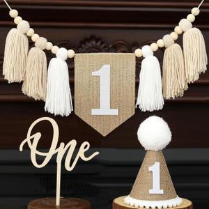 Boho Burlap Khaki Handmade 1st Birthday High Chair Banner One Cake Topper 1 Birthday Cone Hat Neutral Happy Birthday Party Decorations for Baby Boys Girls (Brown)
