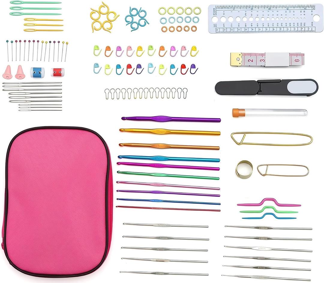 YMCLUB 127 Pcs Crochet Hooks Set, Aluminum Knitting Needles Kit with Portable Pink Case, Complete Yarn Weaving Sewing Tools for Beginners and Experienced Crocheters
