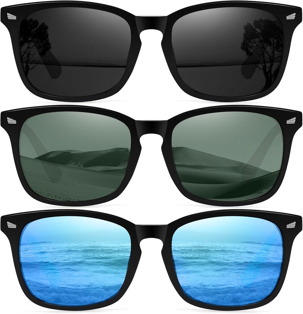 Ougenni Sunglasses for Women Men Vintage Polarized Women Sunglasses Round Classic Retro UV Protection Lens (Black Grey&green&blue), Pack of 2