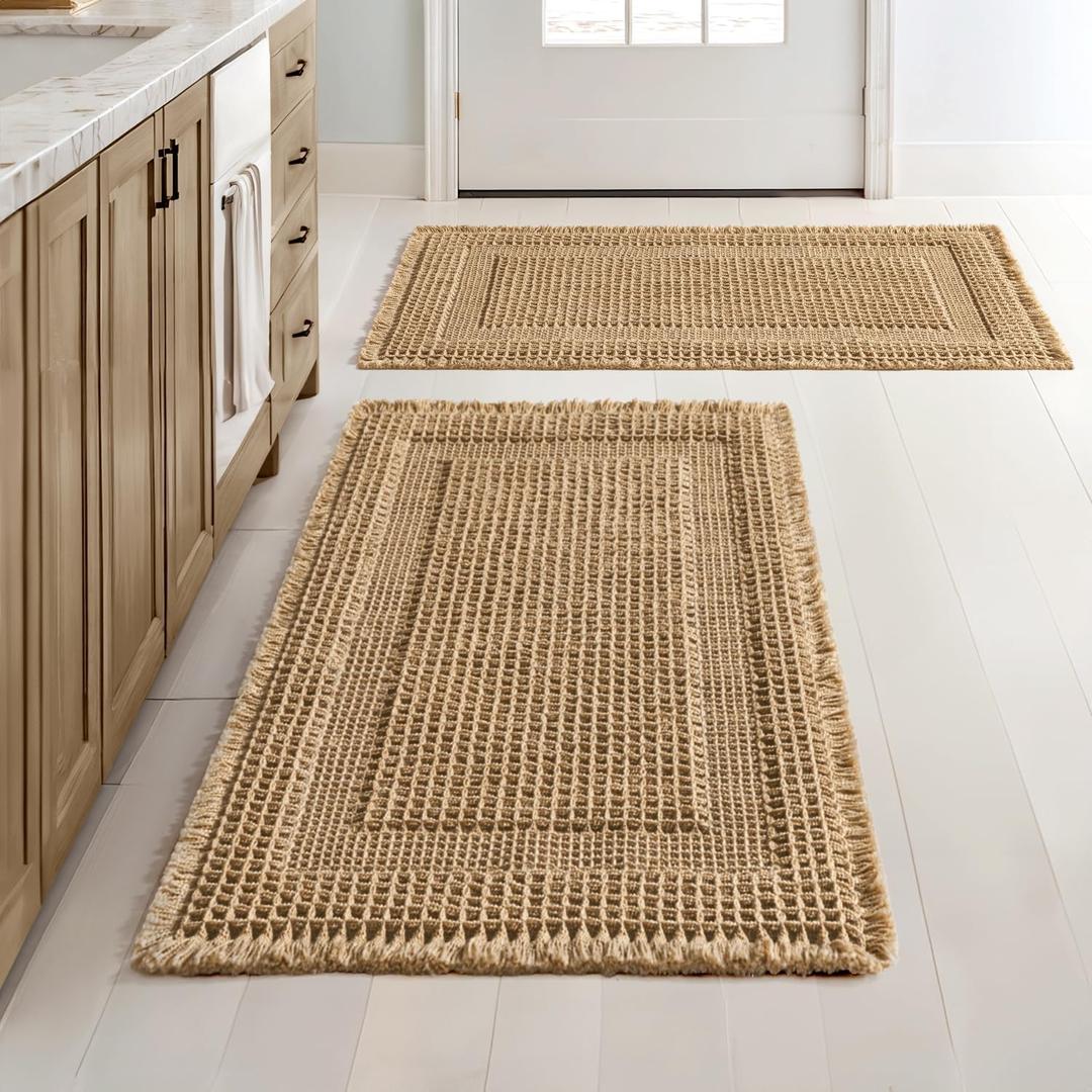 MIULEE Set of 2 Waffle Bathroom Rugs, Boho Bath Rug Super Absorbent, Non Slip Washable Ultra Soft Rubber Backed Shower Bath Mats for Floor, Tub, Shower, Looped Design, Brown, 18x30 Inch