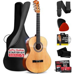 Pyle Left Handed Beginner Acoustic Guitar Kit, 3/4 Junior Size All Wood Instrument with Full Accessory Kit, Picks, Shoulder Strap, Case, Cleaning Cloth, Tuner App, 2 Month Lessons, 36 (Natural Gloss)