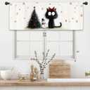 Funny Black Cat Christmas Kitchen Curtain Valance 54W x 18L Inch Watercolor Winter Tree Holiday Rod Pocket Short Cafe Small Window Treatment Drapes Decor