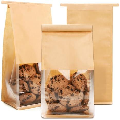 60 Pcs Small Bakery Bags with Window, 3.8x4.7x11.2 Inches Ties Lock Cookie Packaging Bag Resealable Paper Treat Bags for Homemade Breads, Popcorn, Candies,Treats, Snacks, Baked Goods Packaging