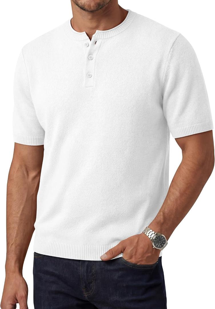 August Alley Men's Henley Neck Knit T-Shirts, White, X-Large (XL)