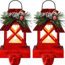 Therwen 2 Pcs Christmas Stocking Holders Lantern Christmas Stocking Hangers for Mantel Xmas Hooks Decorative Retro Light up Holders for Home Indoor Outdoor Decor(Classic,Red)