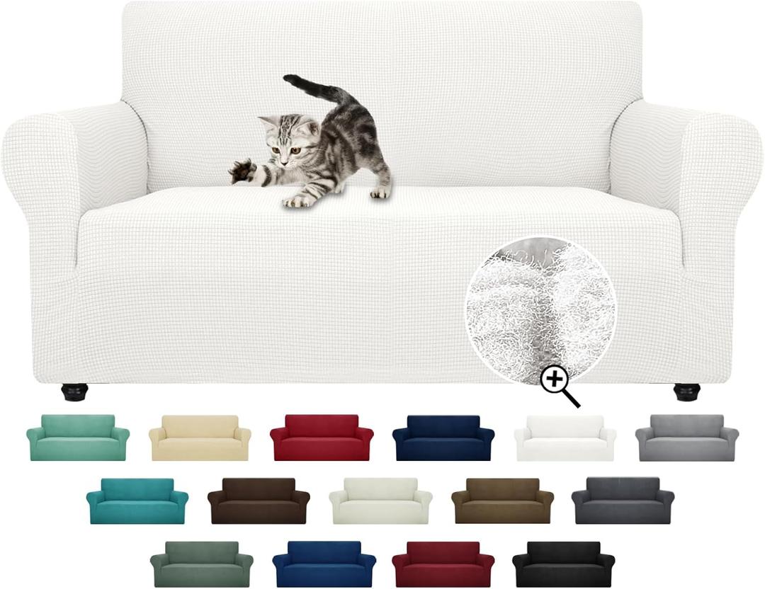 ZNSAYOTX Super Stretch Couch Cover Love Seat Sofa Covers for Living Room Dogs Pet Friendly Furniture Protector Spandex Loveseat Slipcovers with Anti Slip Foam Sticks (White, Loveseat) (Medium (57"-70"))