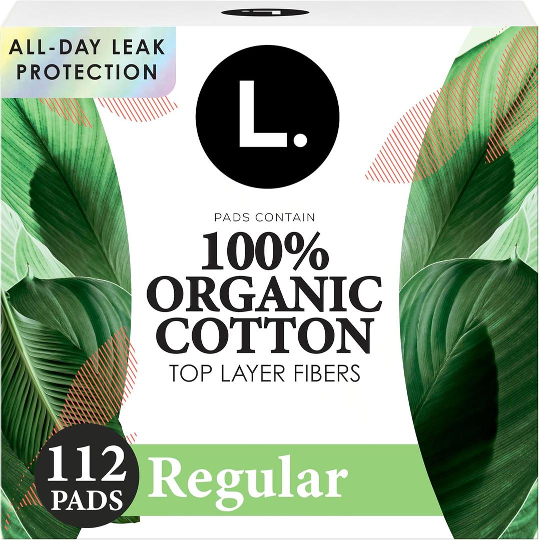 L. Ultra Thin Pads for Women, Regular Absorbency, Organic Cotton Top Layer, Unscented Pads with Wings, 112 Count (4 Packs of 28)