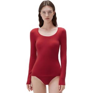 SUUKSESS Cloud Cashmere Women Scoop Neck Fitted Long Sleeve Shirt Basic Knit Tops (Large, Red)