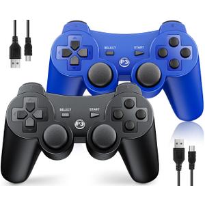 OKHAHA Controller 2 Pack for PS3 Wireless Controller for Sony Playstation 3, Double Shock 3, Bluetooth, Rechargeable, Motion Sensor, Remote for PS3 (No Stripes(Black + Blue))
