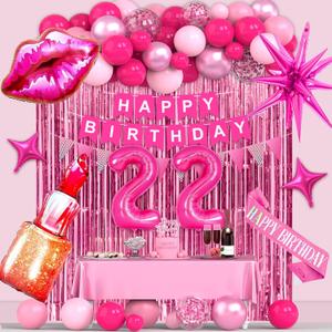 22nd Pink Birthday Decorations, Hot Pink Birthday Party Decorations for Women, Happy 22nd Birthday Party Supplies with Banner, Number Foil Balloon, Cake Topper, Fringe Curtain, Star Foil Balloons