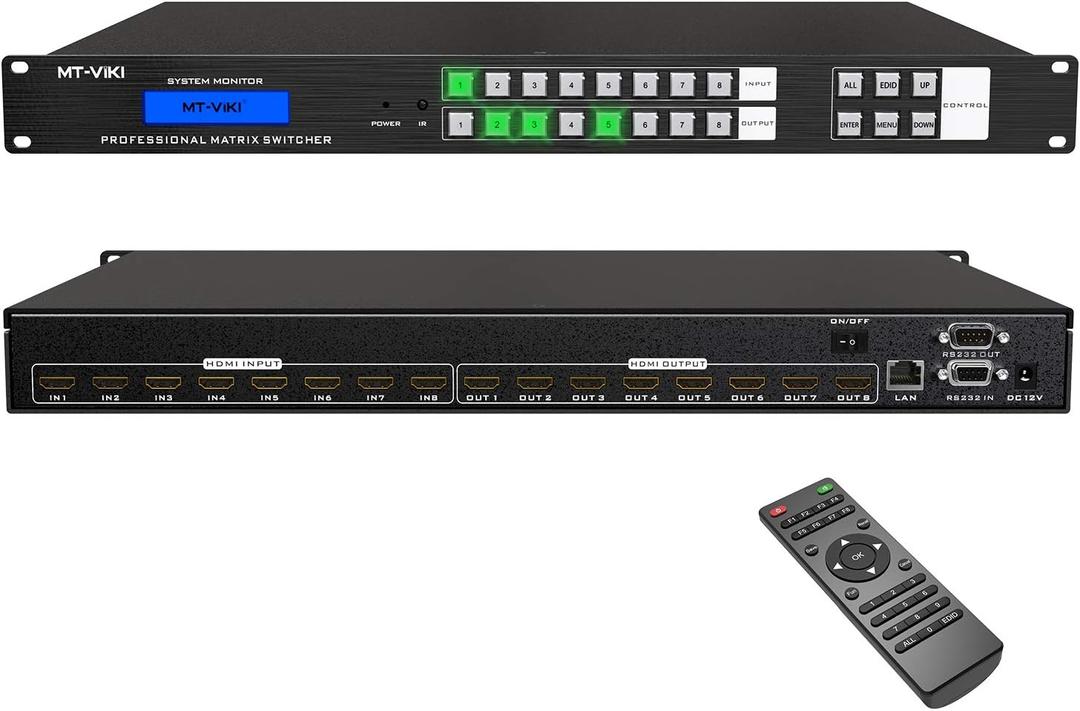 MT-VIKI 4K HDMI Matrix Switch 8x8, 4K@30Hz Rack Mount Switcher & Splitter with Backlit RS232 LAN Port and EDID, Support Web GUI, Built-in US ADI Chip (8 in 8 Out)