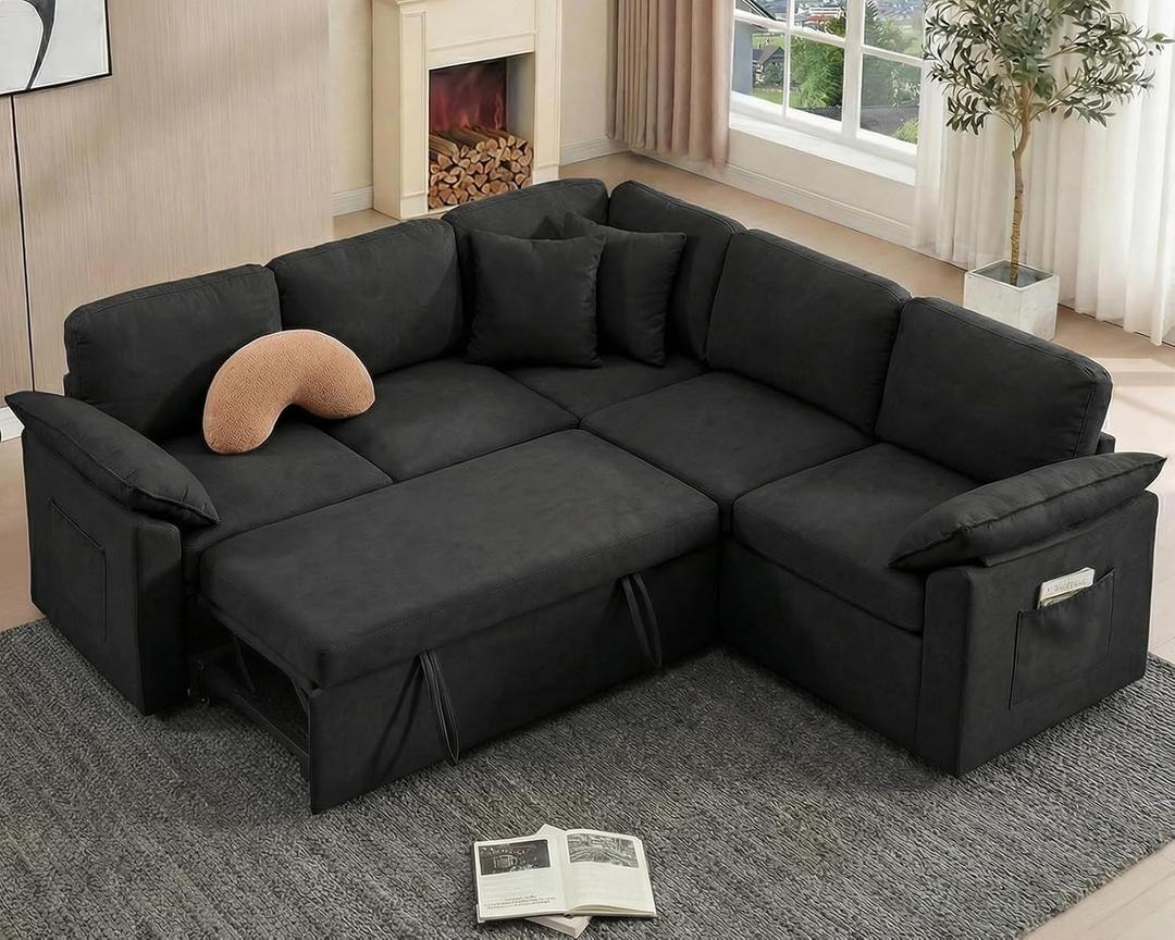 85" Modular Sectional Sleeper Sofa with Pull Out Bed, L-Shaped Couch with Storage, Space-Saving 5/7-Seater Convertible Sleeper Sofa Bed for Living Room, Apartments, Black | Densified Linen, Sofa Bed