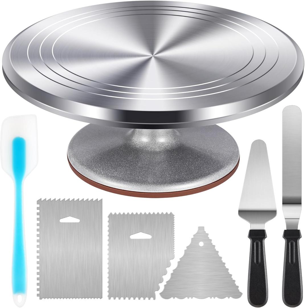 Kootek Aluminum Cake Turntable Set, Baking Tools with Revolving 12" Cake Stand for Decorating, 12.7" Offset Spatula, 3 Stainless Steel Frosting Icing Smoother, Cake Serve Cake Decorating Kit Supplies (Silver)