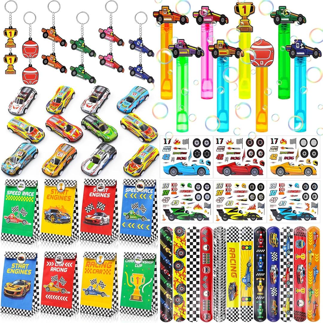 Race Car Party Favors Birthday Party Supplies-Racing Car Birthday Decorations, Mini Race Car, Keychain, Slap Bracelet, DIY Stickers, Race Car Goodie Bags for Kids Birthday Party Classroom Reward