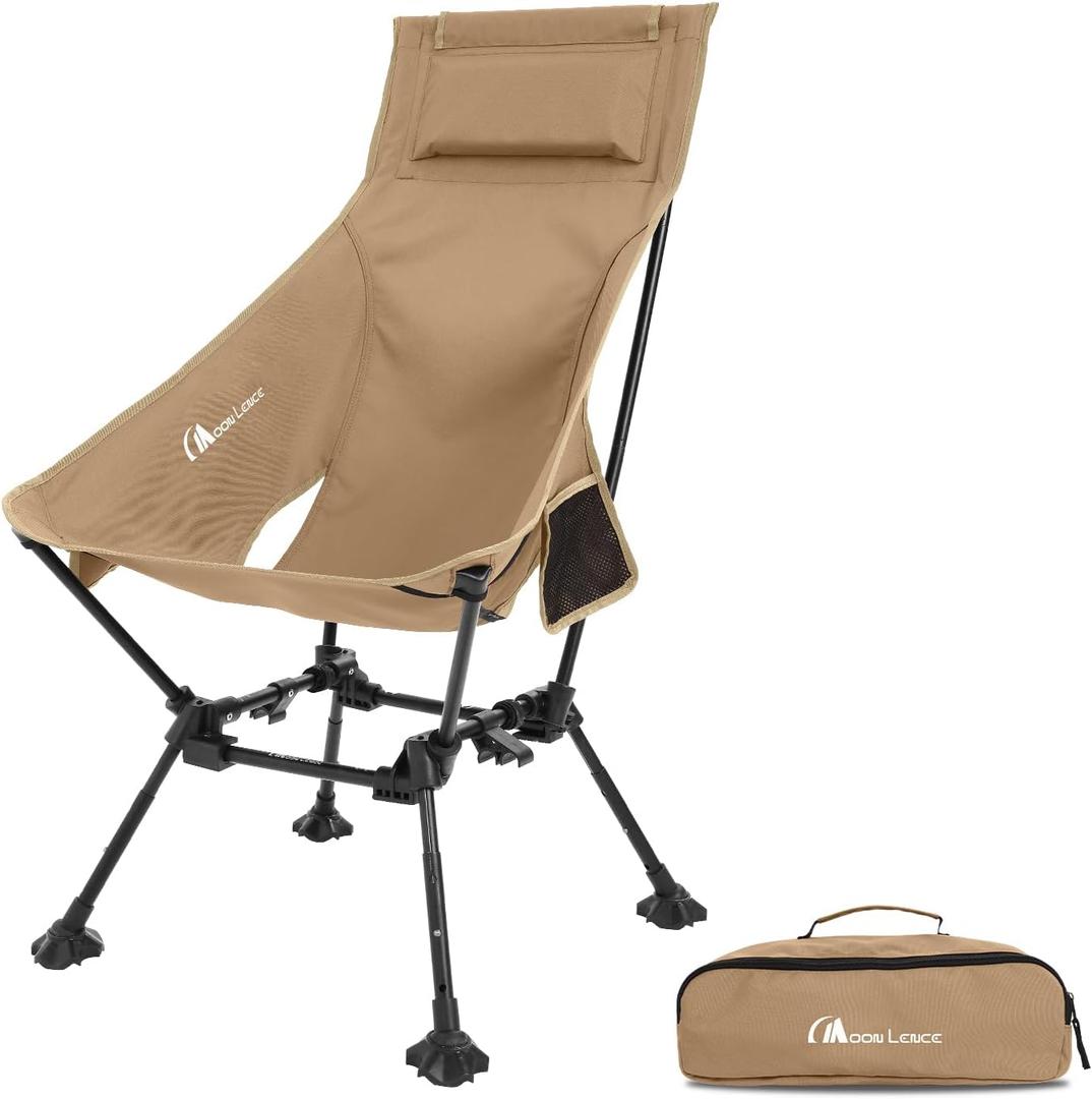 MOON LENCE High Back Folding Camping Chairs, Adjustable Height Beach Chair with Anti-Sinking Feet & Widened Seat (Khaki)