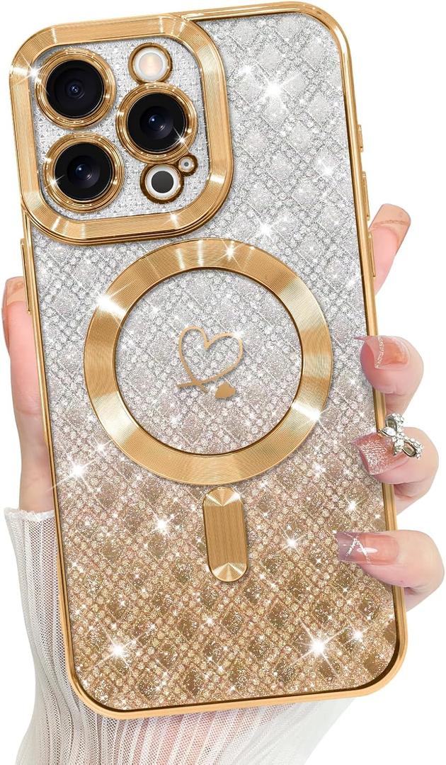Bonoma Compatible with iPhone 17 Pro Max Case 2025 Support for MagSafe, Plating Heart Glitter Magnetic Checkered Case TPU Camera Protection Back Cover for Girls Women -Gold