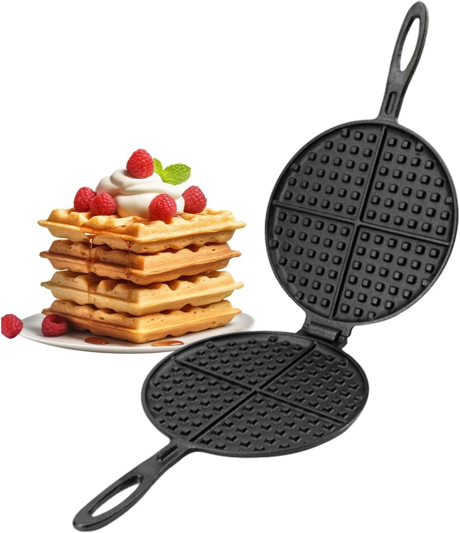 DVK Cast Iron Waffle Cookware Two Piece Hinged Non Electric Waffle Iron for Stovetop or Grill Makes 7" Round Waffles Design Waffle Pan (8 IN)