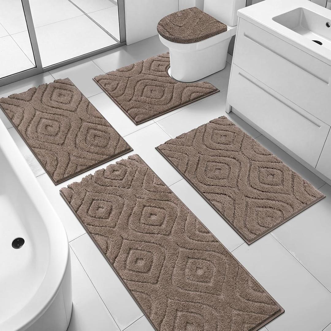 Ileading Bathroom Rugs Sets 5 Piece, Ultra Soft Absorbent Bath Mat for Bathroom, Non Slip Washable Bath Rug Set with Toilet Cover, Plush Bath Runner and U-Shaped Contour Toilet Rug, Coffee