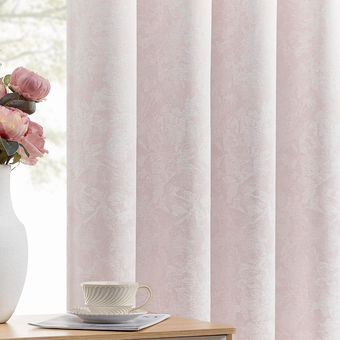 Beauoop Pink Floral Jacquard Blackout Curtains 108 Inches Long 2 Panels for Bedroom Living Room Chenille Flower Room Darkening Thermal Soundproof Grommet Window Treatments Drapes, 52x108