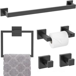 Matte Black Towel Bar Set 5-Piece Bathroom Hardware Accessories Set,23.6 Inch Modern Towel Holder Set SUS304 Stainless Steel Towel Rack Set for Bathroom,Wall-Mounted