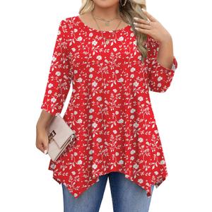 IN'VOLAND Plus Size Tops for Women 3/4 Sleeve Shirts Tunic Tops to Wear with Leggings Loose Fit Summer Fall Clothes (1X, Red Floral)