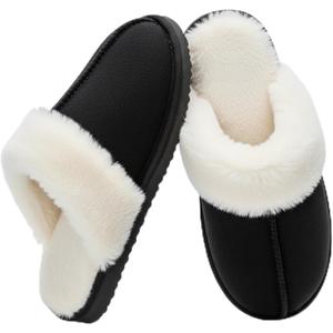 OOW Fuzzy Slippers for Women Cozy Faux Fur House Shoes Winter Warm Memory Foam Slippers for Indoor and Outdoor (8, Black)