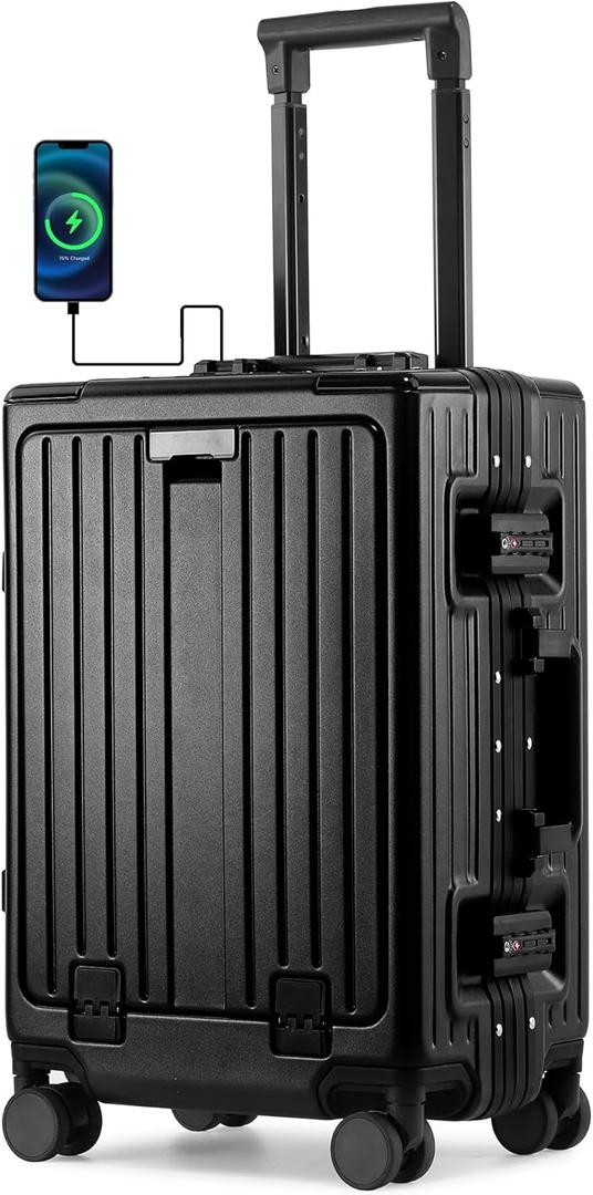 UrbanExplorer 20 Inch Carry On Luggage TSA Approved, Aluminum Frame Zipperless Luggage Carry On with Compartment for Short Trips, ABS+PC Hard Shell Suitcases with Spinner Wheels, Black