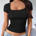 Trendy Queen Double Lined Short Sleeve Tshirts for Women Square Neck Cute Crop Top Spring Summer Basic Tees Workout Going Out, Size S (Black)