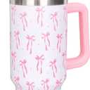 Whaline 40 oz Pink Bow Tumbler with Handle Straw and Lid Bow-Knot Travel Coffee Tumbler Cup for Women Friend Holiday Birthday Gift