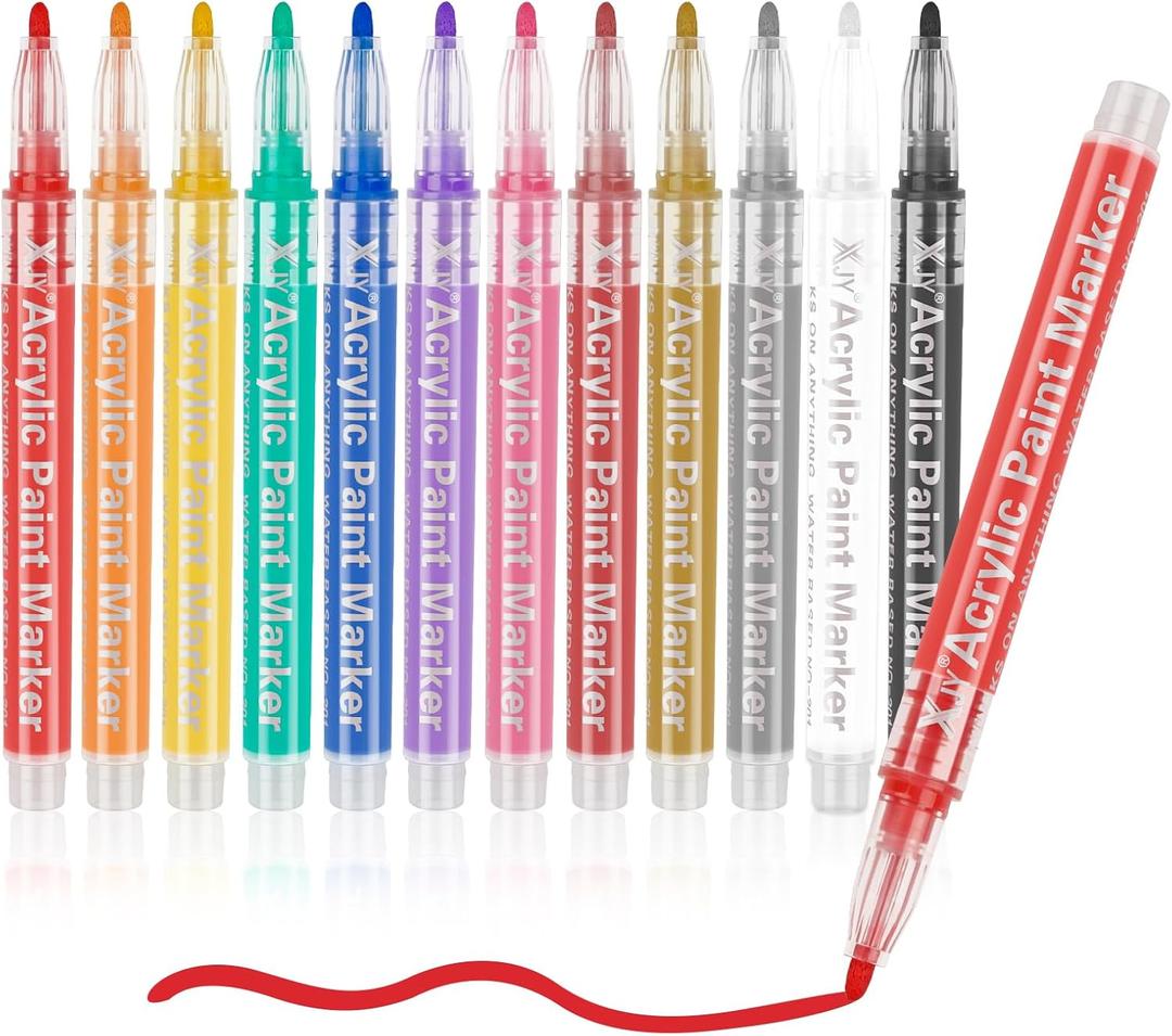 Acrylic Paint Pens Paint Markers - 12 Pack Acrylic Paint Markers For Rock Painting Wood Canvas Glass Ceramic Plastic Metal and Stone,For DIY Crafts Making Art Supplies Christmas Gift