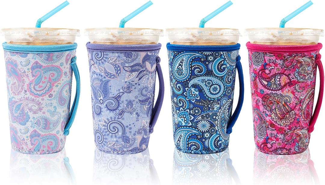 4 Pack Iced Coffee Sleeve,reusable Neoprene Cup Sleeves Suitable For Beverage Sleeves For Hot And Cold Coffee Or Ice Drink Coffee cup sleeve for Starbucks coffee cup (Paisley 20-24 OZ)