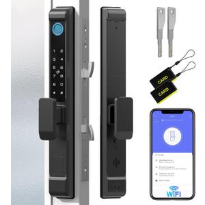 Anweller 2885 Mortise Sliding Glass Door Lock, Smart Fingerprint Code Keypad RFID Remote App Electronic Digital Biometric Safety Patio Door Double Hook Mortise Lock Set with Handle