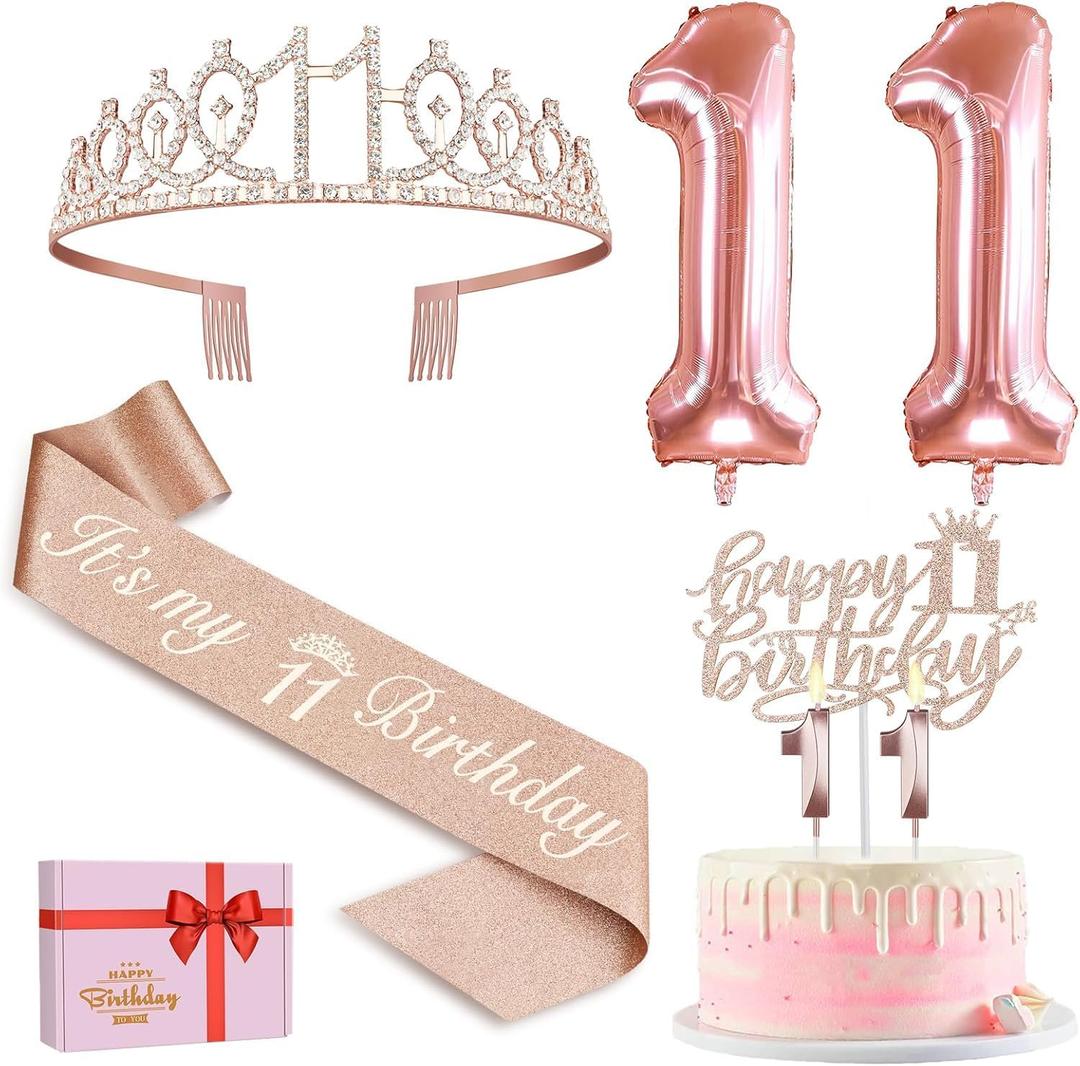 11th Birthday Decorations for Girls, Including 11th Birthday Sashand Tiara,11 Candlesand Cake Toppers, Rose Gold 11 Balloons and 3D Birthday Card, 11th Birthday Giftsfor Girls 11 Year Old Birthday Party