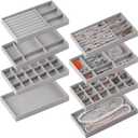 Set of 8 Velvet Jewelry Drawer Organizer Inserts, Stackable Trays with Removable Dividers, Earring and Ring Holder Display for Dresser, Storage Case for Necklace Bracelet Watch - Grey