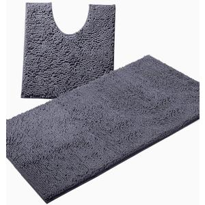 Bathroom Rugs Sets 2 Piece, Luxury Chenille Bath Mat Set, Soft Plush Anti-Slip Bath Rug + U-Shaped Toilet Mat. Microfiber Shaggy Carpet, Super Absorbent (24 x 36 & 20 x 24 U, Dark Grey)