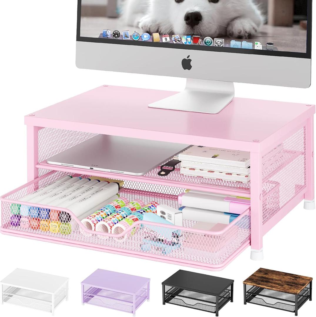 OPNICE Computer Monitor Stand Riser, Desk Organizer with Drawer, Printer & Laptop Stand, Office Desk Accessories & Workspace Desktop Organizers Storage for Office Supplies(Pink)