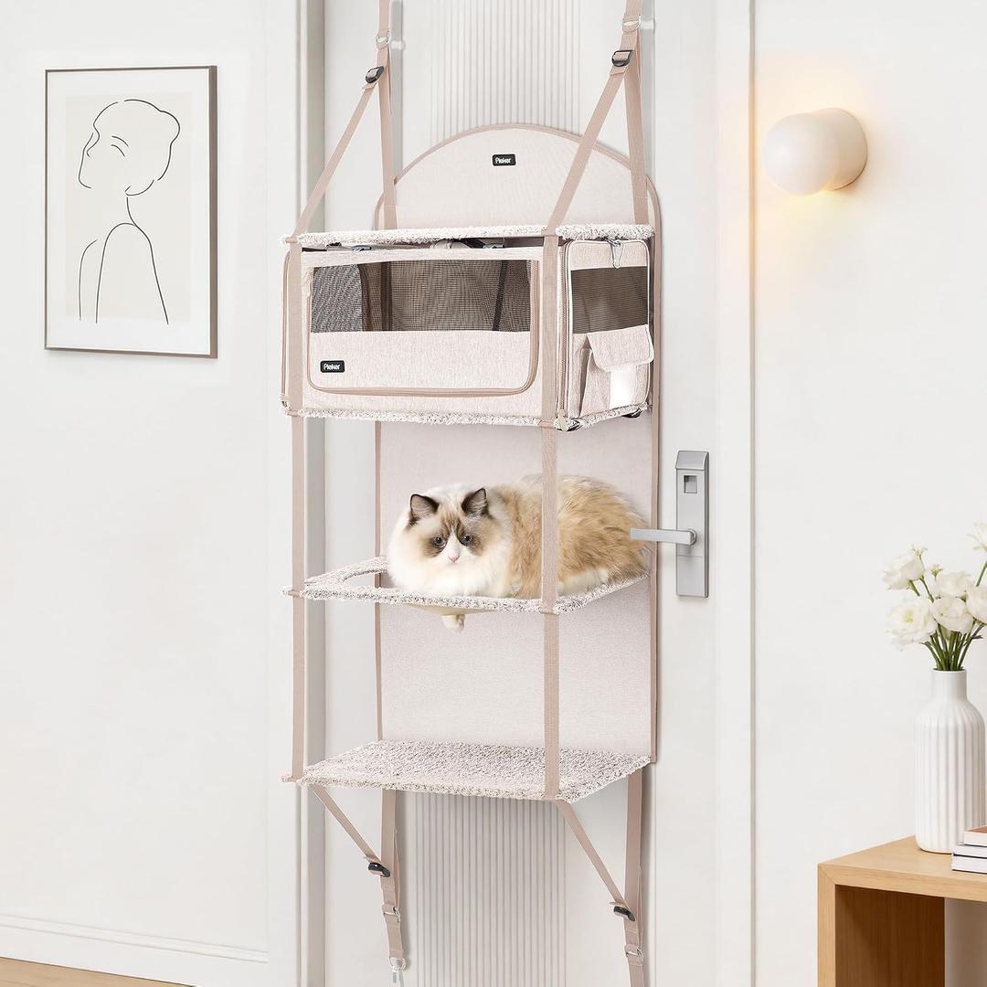 Pet Carrier for Small/Medium Cats Up to 22lbs, 4 in 1 Multi-Level Door Hanging Cat Tree Tower Condo for Indoor Cats, Collapsible and Tool-Free Assembly, Fits Doors <86in H