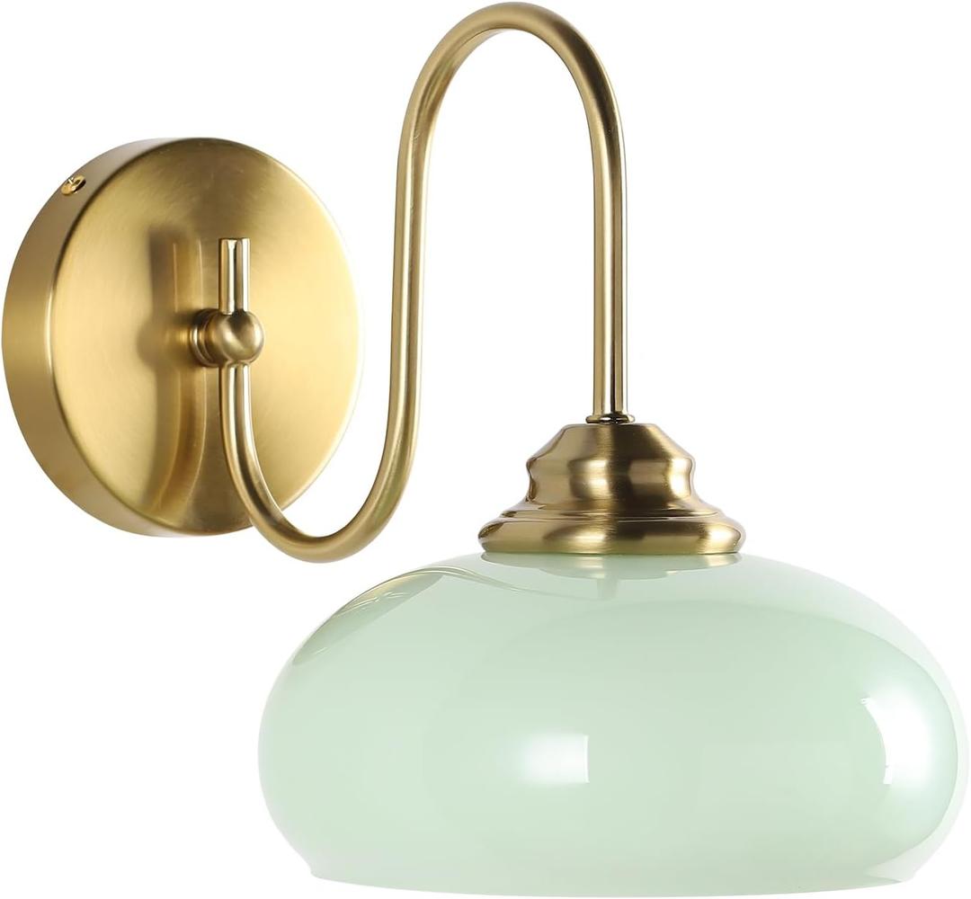 KCO Lighting Mid Century Modern Wall Sconce Vintage 1-Light Green Glass Wall Sconce Antique Brass Wall Light Fixture Brushed Gold Bathroom Vanity Light Hallway Sconces Wall Lighting