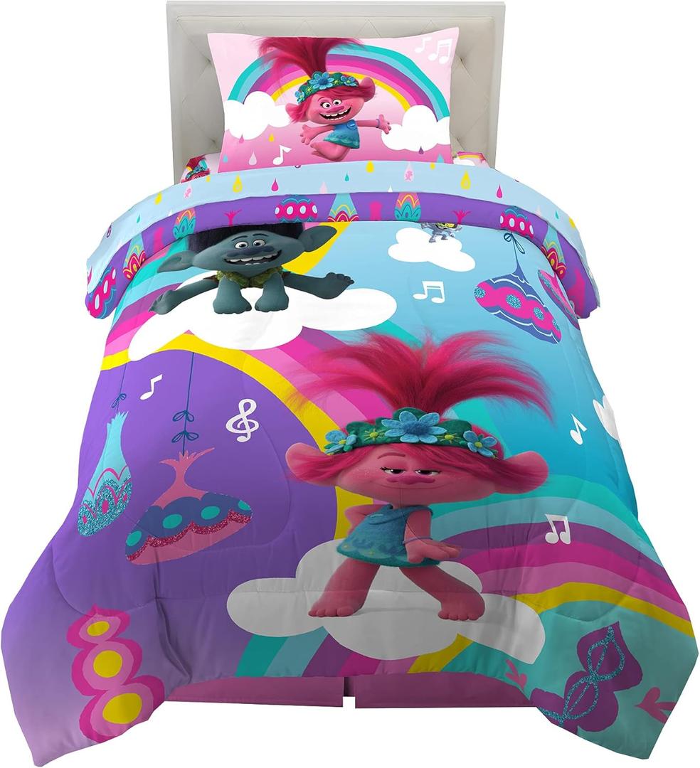 Franco Kids Bedding Super Soft Microfiber Comforter and Sheet Set, 4 Piece Twin Size, Trolls World Tour