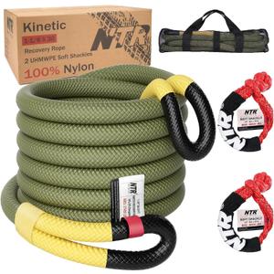 NTR 1-1/8" x 30' Kinetic Recovery Tow Rope (37,480lbs), with 2 UHMWPE Soft Shackles (40,980lbs), Heavy-Duty Offroad Snatch Strap, Vehicle Recovery kit for Jeep car Truck ATV UTV SUV