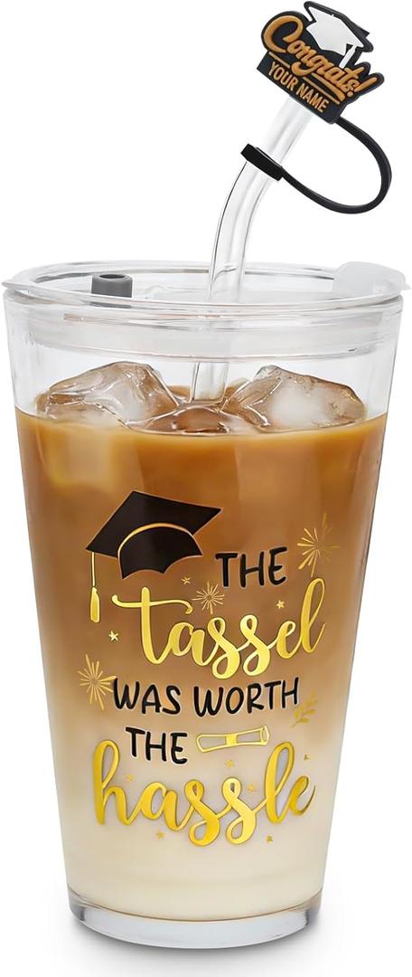 Graduation Gift Cup for Her and Him - Funny 16 Oz Glass Cup with Lid and Straw - The Tassel Was Worth the Hassle Printed - Perfect for College and High School Students