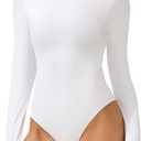 AFITNE Womens Crew Neck Long Sleeve Bodysuit Basic Trendy Tummy Control Double Lined Thong Body Suit Tops Shirts (X-Large, White)