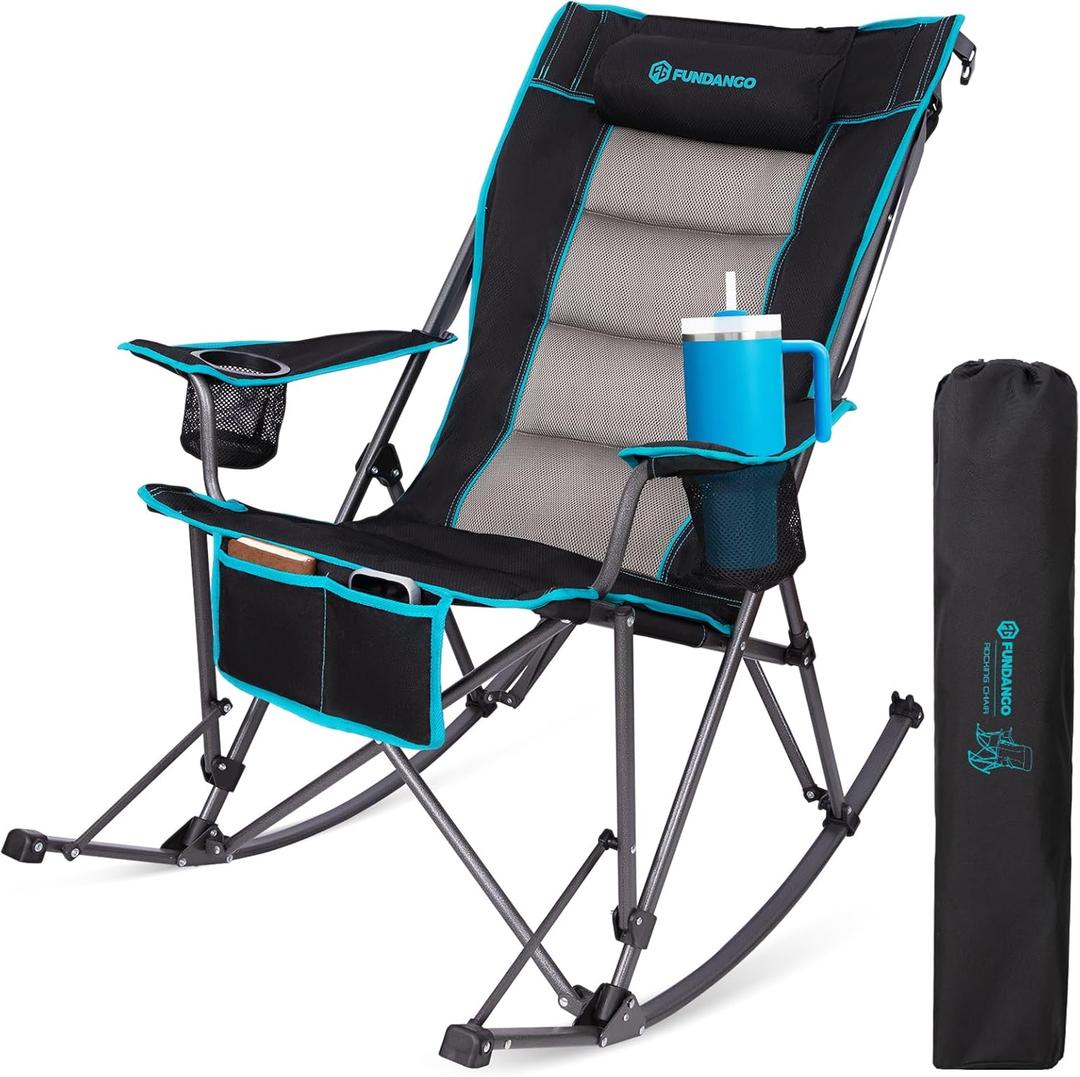 FUNDANGO Oversized Rocking Camping Chair for Adults, High Back Padded Folding Lawn Chairs with Pillows, Wide Armrest, 2 Cup Holders, Carry Bag for Patio Garden Outdoor Supports 440Lbs (Black) (Black Rockcomfy-1 Pack)