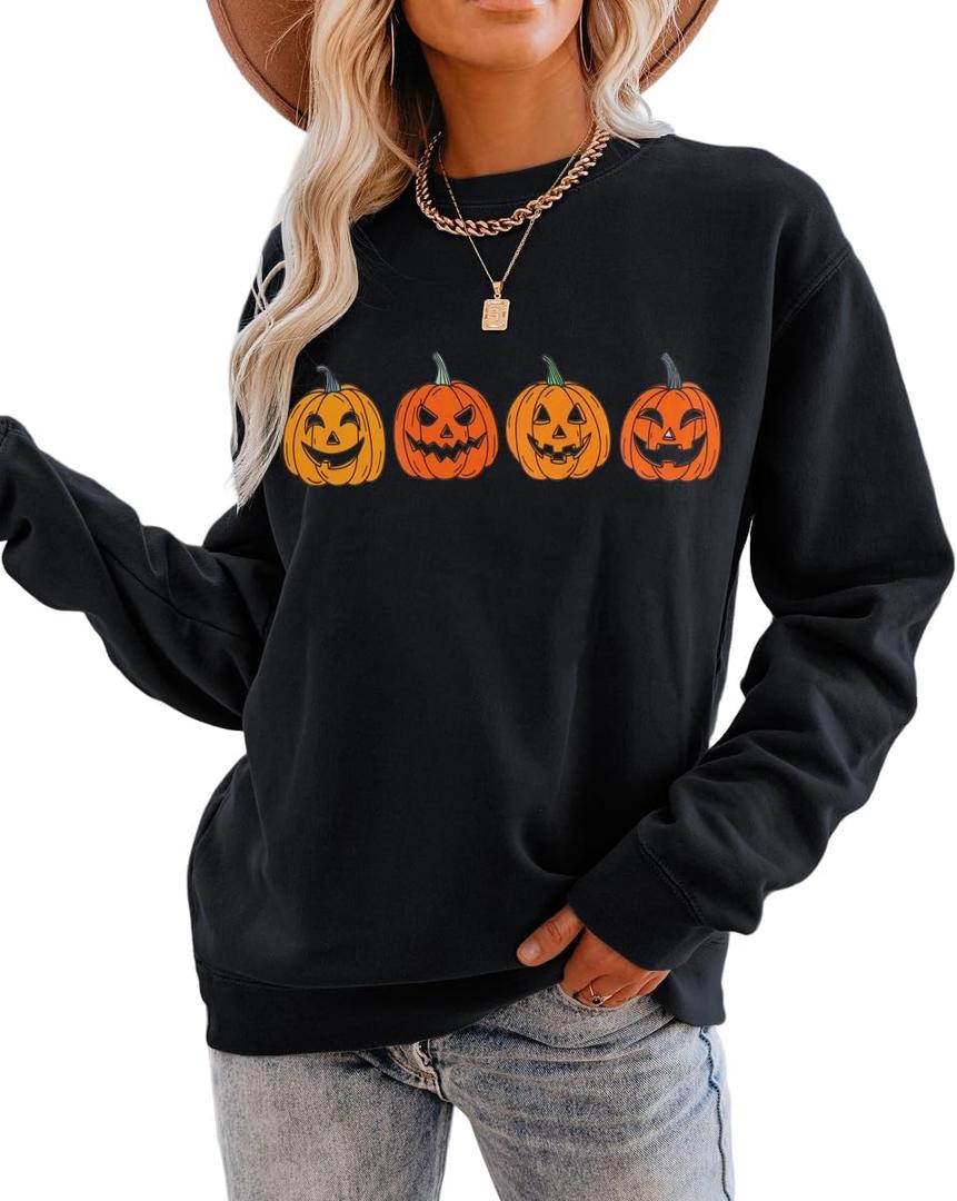 CM C&M WODRO Pumpkin Face Halloween Sweatshirts Women Fall Long Sleeve Crewneck Loose fit Pullover Tops (Large)