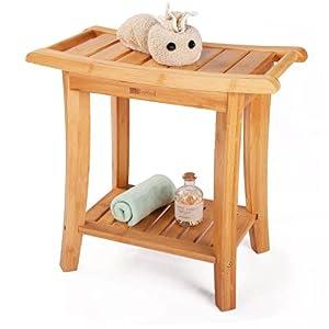 Bamboo Shower Bench Inside Shower Stool with Storage Shelf, Spa Bath Chair for Bathroom, Seat or Organizer for Living Room, Bedroom and Garden (Natural, Medium+ 19.5x10.5x18.5 Inch)