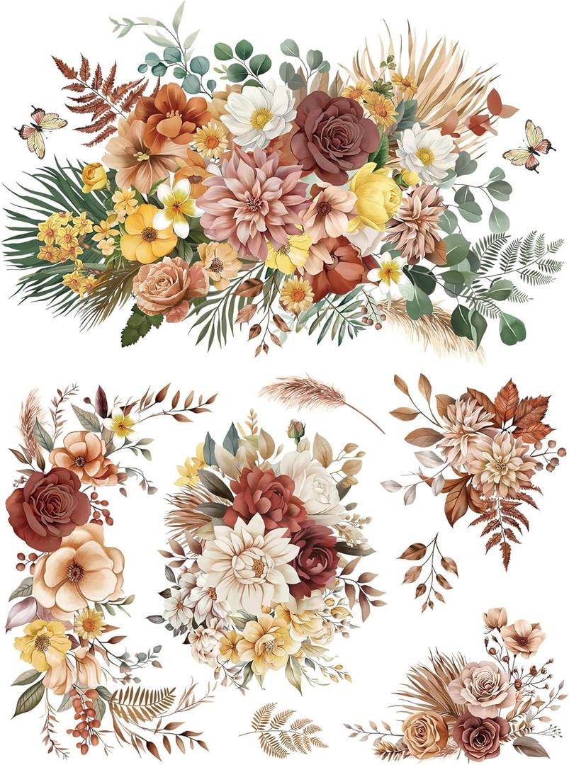 Joeyan Boho Flower Bouquets Rub On Transfers for Furniture and Crafts, 2 Large Flower Design Sheets 12''x18'', DIY Home Decal on Wood Glass Metal Canvas Porcelain Paper Plastic, Champagne Season
