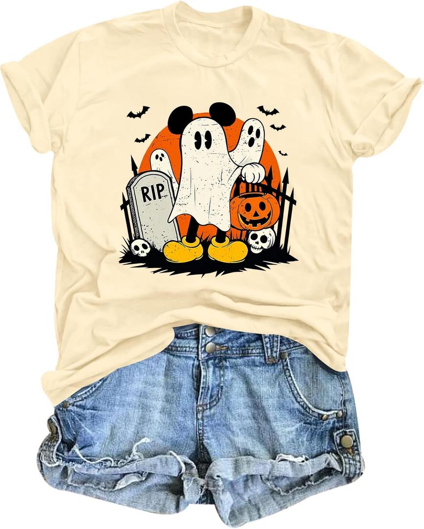 2 x Halloween Shirts for Women Funny Spooky Season Shirt Fall Pumpkin Skull Ghost Graphic Tee Tops (Beige)